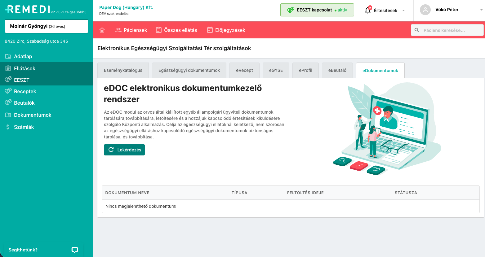 Orvosi receptkezelő webalkalmazás felületének képernyőképe oldalsó menüvel és a megjelenített receptek listájával.