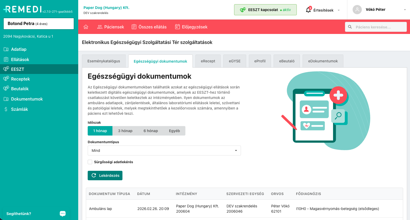 Orvosi receptkezelő webalkalmazás felületének képernyőképe oldalsó menüvel és a megjelenített receptek listájával.