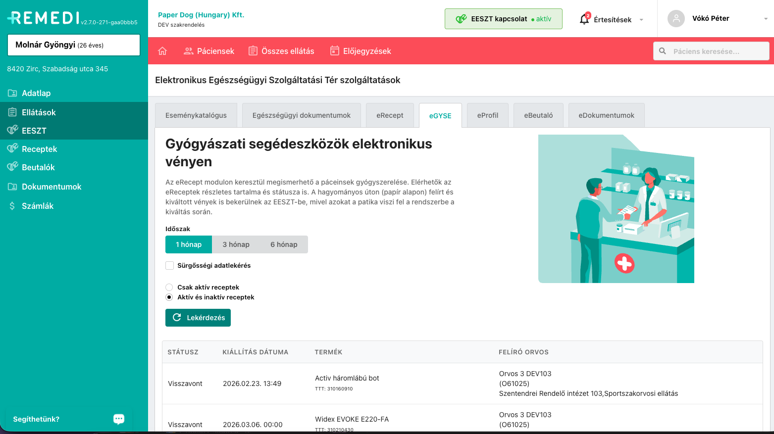 Orvosi receptkezelő webalkalmazás felületének képernyőképe oldalsó menüvel és a megjelenített receptek listájával.